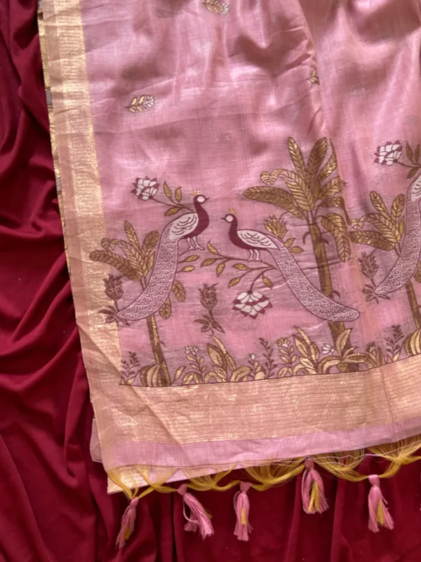 Premium_Soft_Muga_Cotton_sarees_with_Beautiful_Colourfull_Resham_Weaving__Peacock_Design_Pallu_With_Attractive_Traditional_Zari_Weaving__With_All_Over__Resham_Weaving__And_Resham_Weaving_Butti_Blouse_With_Fancy_Tassels