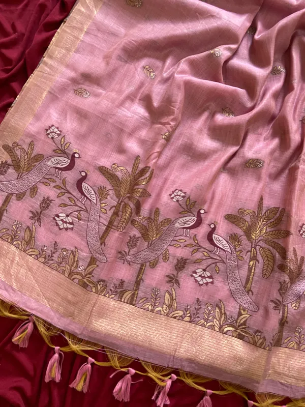 Premium_Soft_Muga_Cotton_sarees_with_Beautiful_Colourfull_Resham_Weaving__Peacock_Design_Pallu_With_Attractive_Traditional_Zari_Weaving__With_All_Over__Resham_Weaving__And_Resham_Weaving_Butti_Blouse_With_Fancy_Tassels