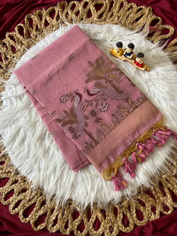 Premium_Soft_Muga_Cotton_sarees_with_Beautiful_Colourfull_Resham_Weaving__Peacock_Design_Pallu_With_Attractive_Traditional_Zari_Weaving__With_All_Over__Resham_Weaving__And_Resham_Weaving_Butti_Blouse_With_Fancy_Tassels