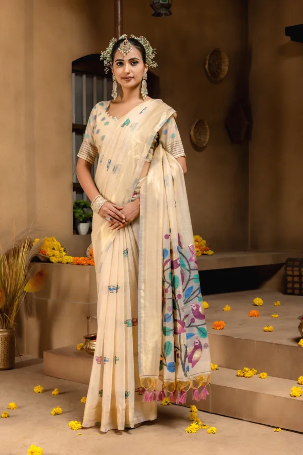 Premium_Soft_Muga_Cotton_sarees_with_Beautiful_Colourfull_Resham_Weaving_Pallu_With_Attractive_Traditional_Zari_Weaving_Border_With_All_Over_Resham_Weaving_Birds_Design_And_Resham_Weaving_Butti_Blouse_With_Fancy_Tassels