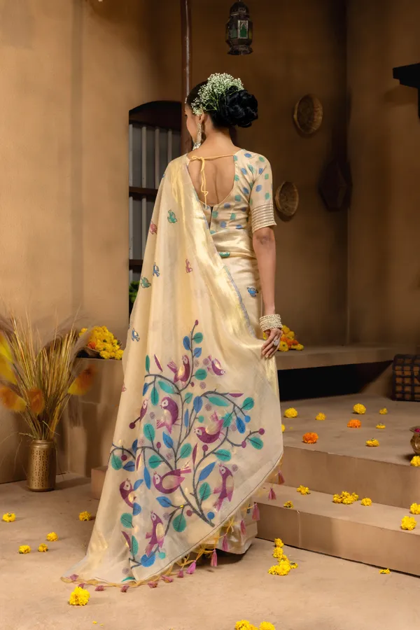 Premium_Soft_Muga_Cotton_sarees_with_Beautiful_Colourfull_Resham_Weaving_Pallu_With_Attractive_Traditional_Zari_Weaving_Border_With_All_Over_Resham_Weaving_Birds_Design_And_Resham_Weaving_Butti_Blouse_With_Fancy_Tassels