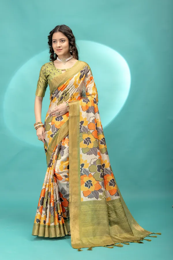 Soft_Tussar_Silk_sarees_with_Beautiful_Style_Of_Floral_Digital_Print_With_Attractive_Border_And_Contrast_Print_Blouse_With_Tassels