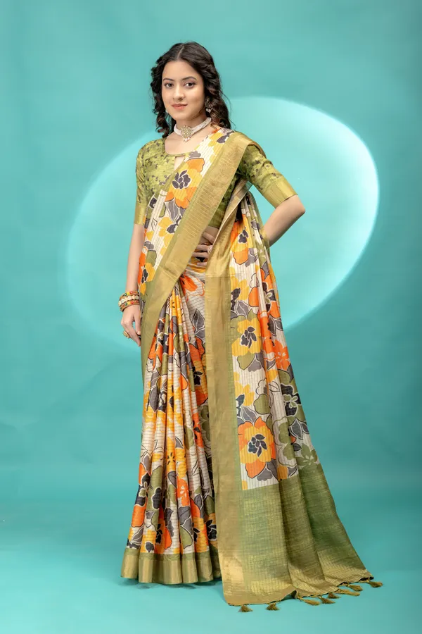 Soft_Tussar_Silk_sarees_with_Beautiful_Style_Of_Floral_Digital_Print_With_Attractive_Border_And_Contrast_Print_Blouse_With_Tassels