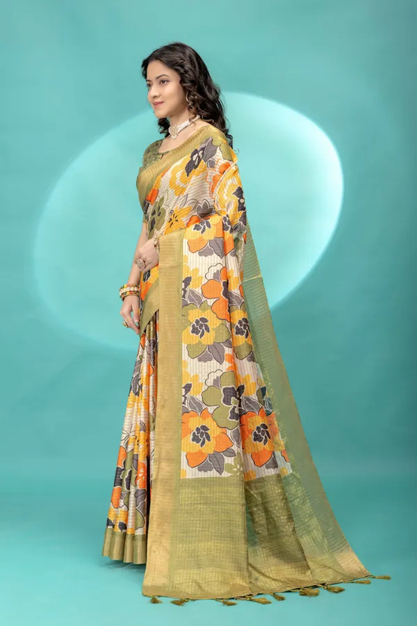 Soft_Tussar_Silk_sarees_with_Beautiful_Style_Of_Floral_Digital_Print_With_Attractive_Border_And_Contrast_Print_Blouse_With_Tassels