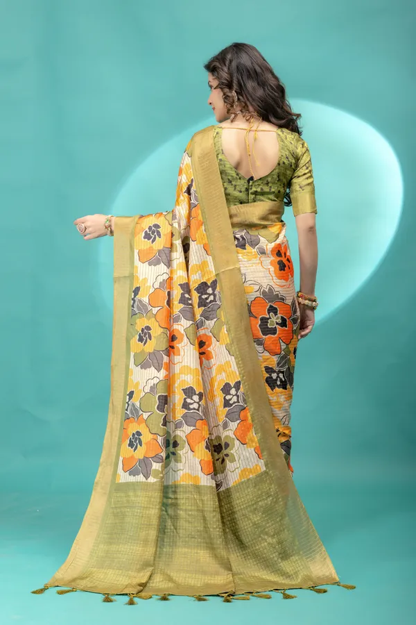 Soft_Tussar_Silk_sarees_with_Beautiful_Style_Of_Floral_Digital_Print_With_Attractive_Border_And_Contrast_Print_Blouse_With_Tassels