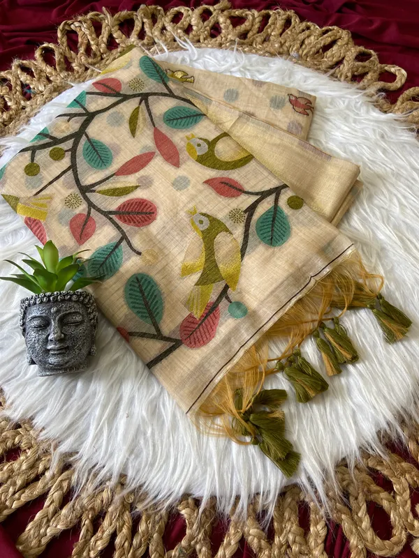 Premium_Soft_Muga_Cotton_sarees_with_Beautiful_Colourfull_Resham_Weaving_Pallu_With_Attractive_Traditional_Zari_Weaving_Border_With_All_Over_Resham_Weaving_Birds_Design_And_Resham_Weaving_Butti_Blouse_With_Fancy_Tassels