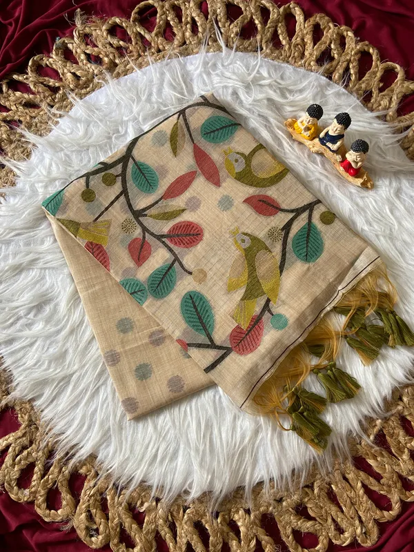 Premium_Soft_Muga_Cotton_sarees_with_Beautiful_Colourfull_Resham_Weaving_Pallu_With_Attractive_Traditional_Zari_Weaving_Border_With_All_Over_Resham_Weaving_Birds_Design_And_Resham_Weaving_Butti_Blouse_With_Fancy_Tassels