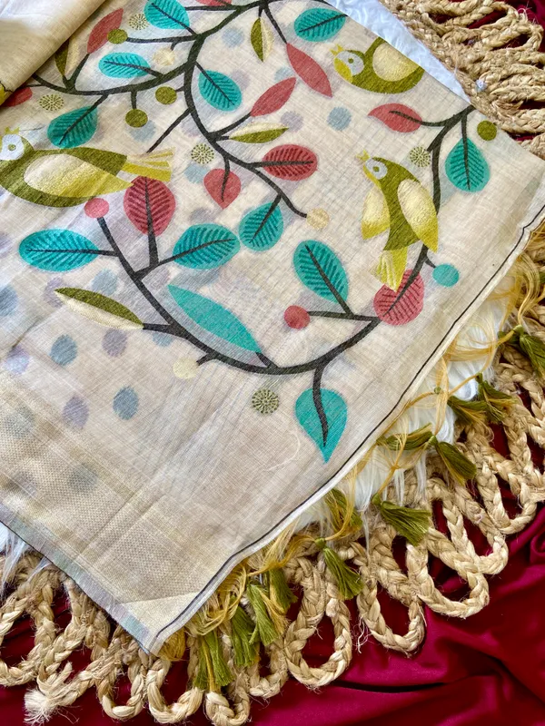 Premium_Soft_Muga_Cotton_sarees_with_Beautiful_Colourfull_Resham_Weaving_Pallu_With_Attractive_Traditional_Zari_Weaving_Border_With_All_Over_Resham_Weaving_Birds_Design_And_Resham_Weaving_Butti_Blouse_With_Fancy_Tassels