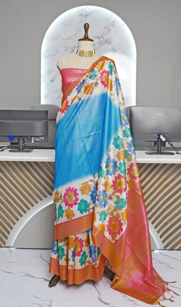 Soft_Tussar_Silk_sarees_with_Beautiful_Digital_Print_With_Attractive_Border_And_Contrast_Print_Blouse_With_Tassels