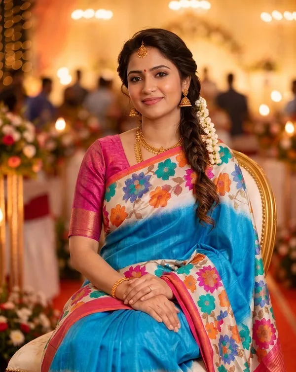 Soft_Tussar_Silk_sarees_with_Beautiful_Digital_Print_With_Attractive_Border_And_Contrast_Print_Blouse_With_Tassels