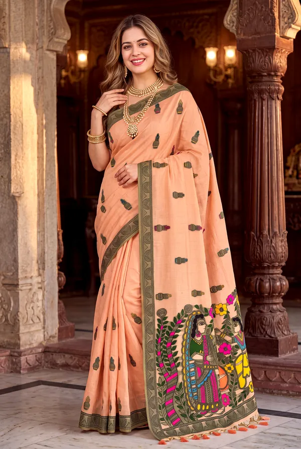 Premium_Soft_Muga_Cotton_sarees_with_Beautiful_?Colourfull_Resham_Weaving_Kalamkari_Design_Pallu_With_Attractive_All_Over_Resham_Weaving_Matka_Design_With_Resham_Weaving_Border_And_Resham_Weaving_Butti_Design_Blouse_With_Fancy_Tassels