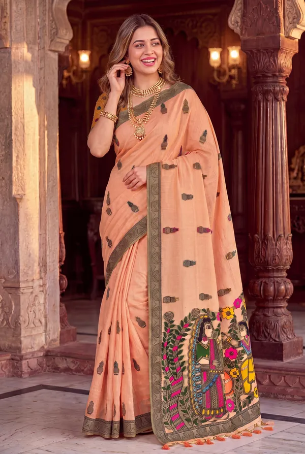 Premium_Soft_Muga_Cotton_sarees_with_Beautiful_?Colourfull_Resham_Weaving_Kalamkari_Design_Pallu_With_Attractive_All_Over_Resham_Weaving_Matka_Design_With_Resham_Weaving_Border_And_Resham_Weaving_Butti_Design_Blouse_With_Fancy_Tassels