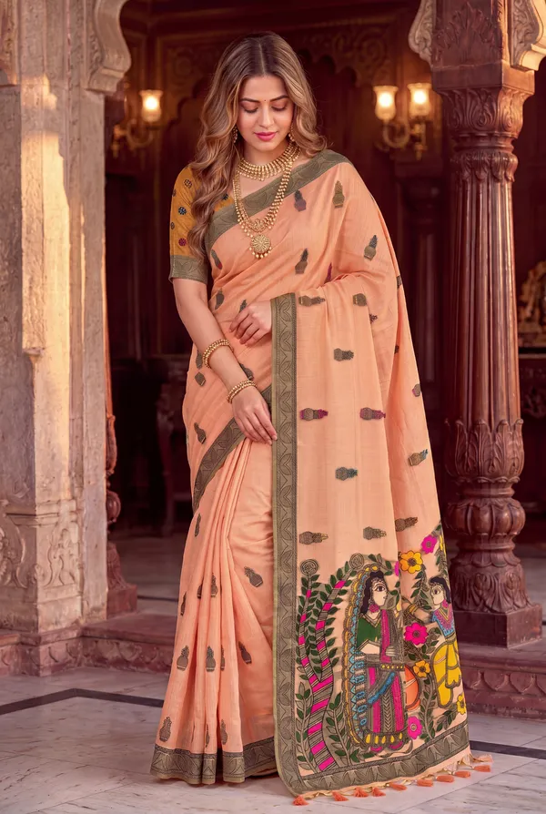 Premium_Soft_Muga_Cotton_sarees_with_Beautiful_?Colourfull_Resham_Weaving_Kalamkari_Design_Pallu_With_Attractive_All_Over_Resham_Weaving_Matka_Design_With_Resham_Weaving_Border_And_Resham_Weaving_Butti_Design_Blouse_With_Fancy_Tassels