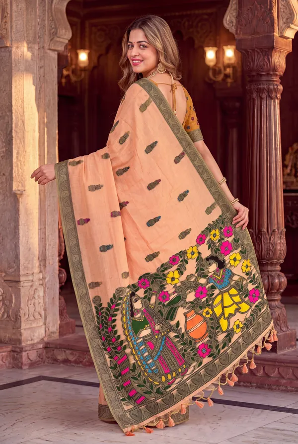 Premium_Soft_Muga_Cotton_sarees_with_Beautiful_?Colourfull_Resham_Weaving_Kalamkari_Design_Pallu_With_Attractive_All_Over_Resham_Weaving_Matka_Design_With_Resham_Weaving_Border_And_Resham_Weaving_Butti_Design_Blouse_With_Fancy_Tassels