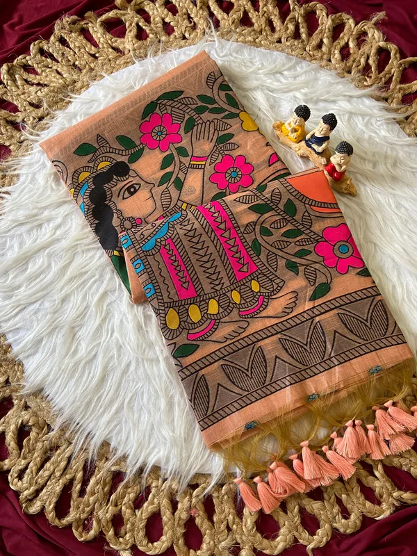 Premium_Soft_Muga_Cotton_sarees_with_Beautiful_?Colourfull_Resham_Weaving_Kalamkari_Design_Pallu_With_Attractive_All_Over_Resham_Weaving_Matka_Design_With_Resham_Weaving_Border_And_Resham_Weaving_Butti_Design_Blouse_With_Fancy_Tassels