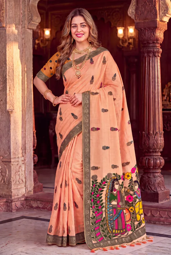 Premium_Soft_Muga_Cotton_sarees_with_Beautiful_?Colourfull_Resham_Weaving_Kalamkari_Design_Pallu_With_Attractive_All_Over_Resham_Weaving_Matka_Design_With_Resham_Weaving_Border_And_Resham_Weaving_Butti_Design_Blouse_With_Fancy_Tassels