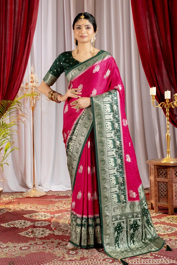 Banarasi_Pure_Satin_Silk_sarees_with_Beautiful_Elephant_in_Contrast_Green-Pink_Shades_With_Attractive_Weaving_Gold_Zari_Design_And_Contrast_Blouse_With_Tassels