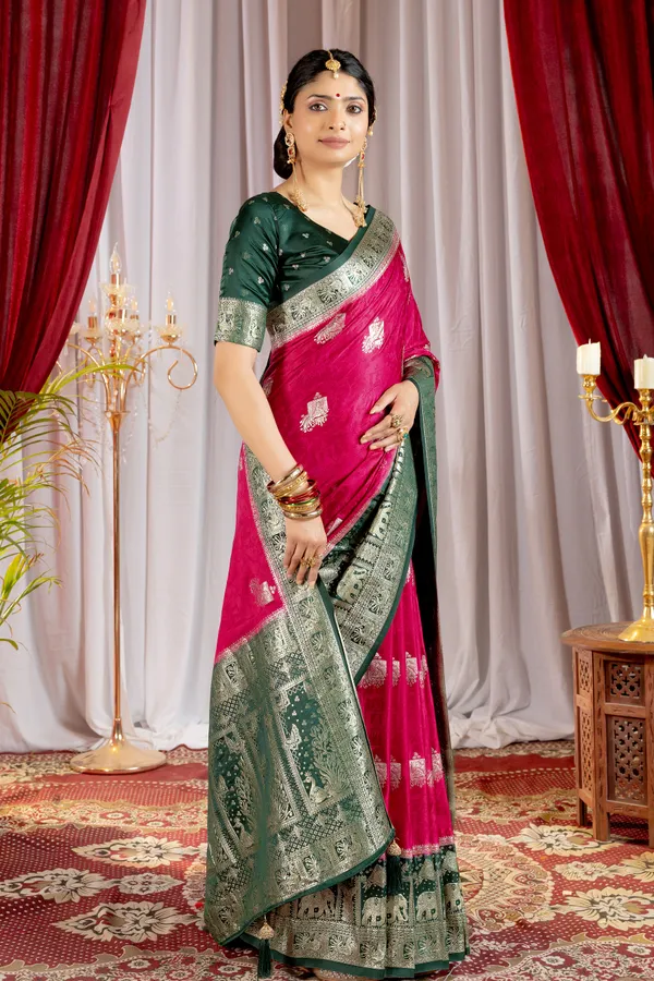 Banarasi_Pure_Satin_Silk_sarees_with_Beautiful_Elephant_in_Contrast_Green-Pink_Shades_With_Attractive_Weaving_Gold_Zari_Design_And_Contrast_Blouse_With_Tassels