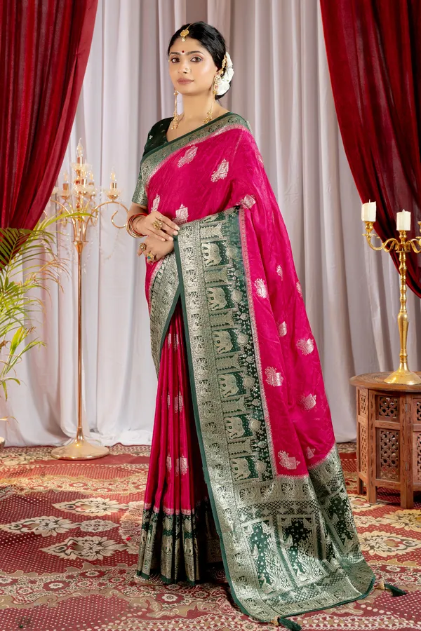 Banarasi_Pure_Satin_Silk_sarees_with_Beautiful_Elephant_in_Contrast_Green-Pink_Shades_With_Attractive_Weaving_Gold_Zari_Design_And_Contrast_Blouse_With_Tassels