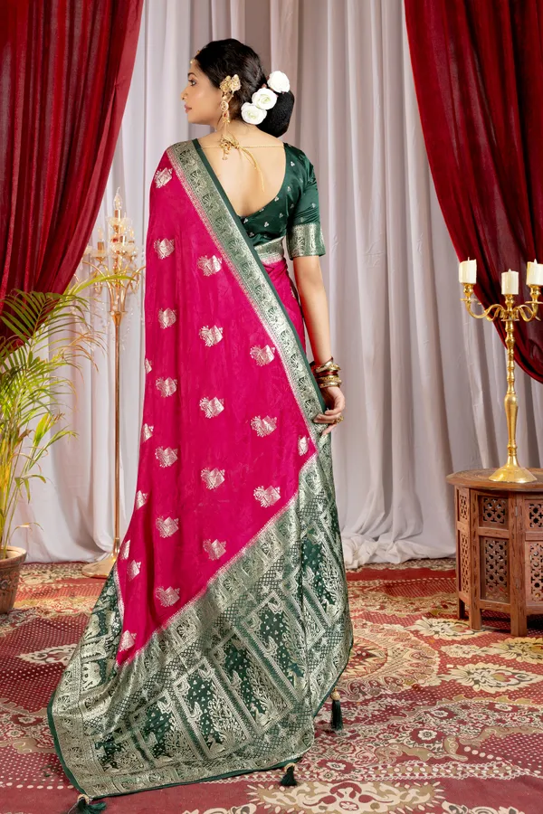 Banarasi_Pure_Satin_Silk_sarees_with_Beautiful_Elephant_in_Contrast_Green-Pink_Shades_With_Attractive_Weaving_Gold_Zari_Design_And_Contrast_Blouse_With_Tassels
