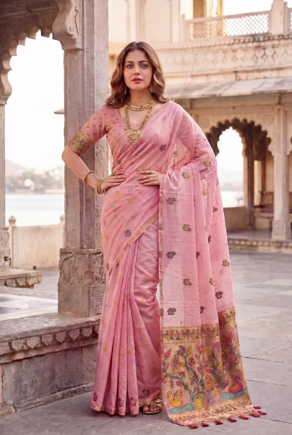 Premium_Soft_Muga_Cotton_Paithani_sarees_with_Beautiful_Weaving_Design_Featuring_Jungle_Theme_And_Swan_Motifs_Pallu_With_Attractive_All_Over_Resham_Weaving_Butti_Design_And_Resham_Weaving_Butti_Blouse_With_Fancy_Tassels