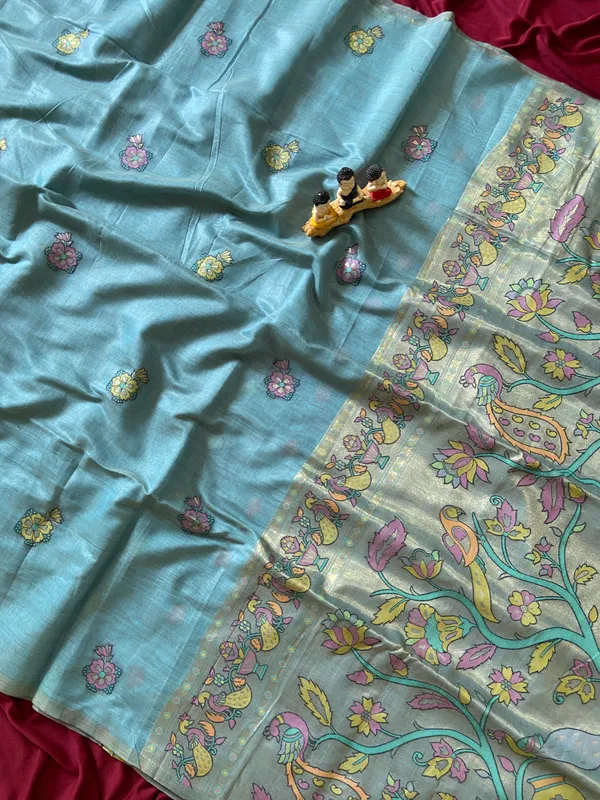 Premium_Soft_Muga_Cotton_Paithani_sarees_with_Beautiful_Weaving_Design_Featuring_Jungle_Theme_And_Swan_Motifs_Pallu_With_Attractive_All_Over_Resham_Weaving_Butti_Design_And_Resham_Weaving_Butti_Blouse_With_Fancy_Tassels