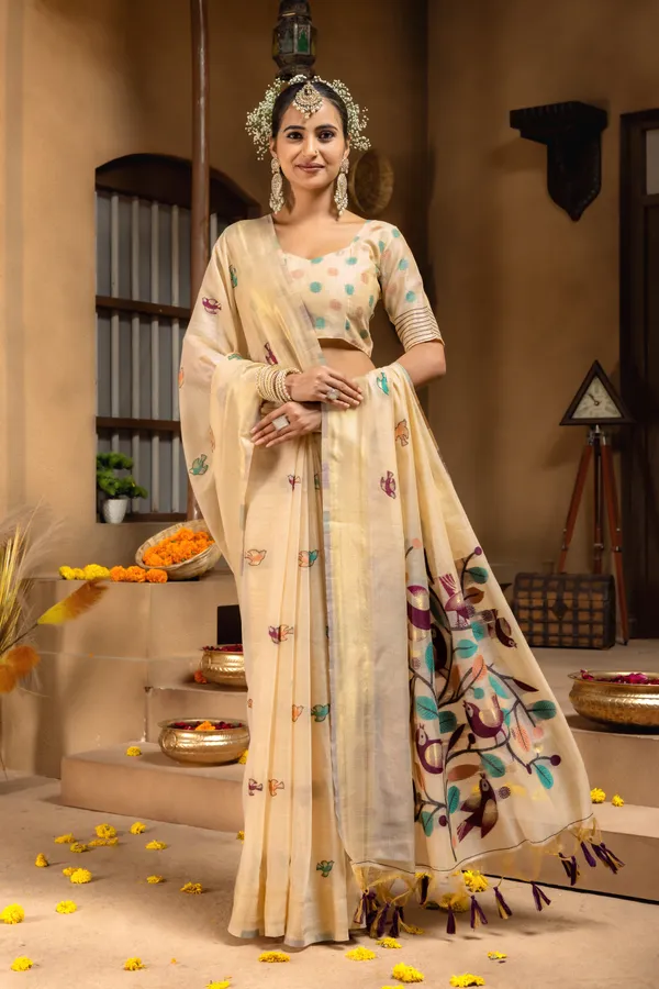 Premium_Soft_Muga_Cotton_sarees_with_Beautiful_Colourfull_Resham_Weaving_Pallu_With_Attractive_Traditional_Zari_Weaving_Border_With_All_Over_Resham_Weaving_Birds_Design_And_Resham_Weaving_Butti_Blouse_With_Fancy_Tassels