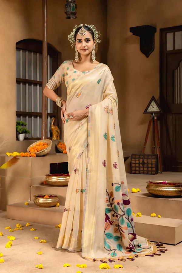 Premium_Soft_Muga_Cotton_sarees_with_Beautiful_Colourfull_Resham_Weaving_Pallu_With_Attractive_Traditional_Zari_Weaving_Border_With_All_Over_Resham_Weaving_Birds_Design_And_Resham_Weaving_Butti_Blouse_With_Fancy_Tassels