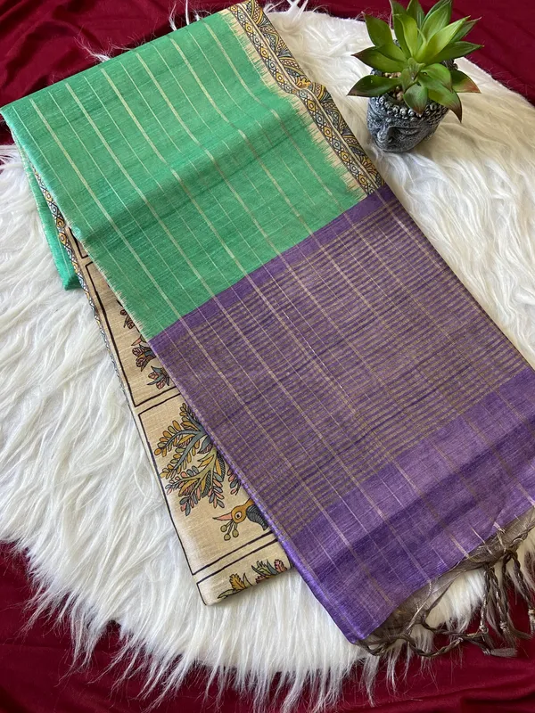 Soft_Semi_Tussar_Silk_sarees_with_Beautiful_Digital_Print_With_Attractive_Border_And_Contrast_Print_Blouse_With_Tassels