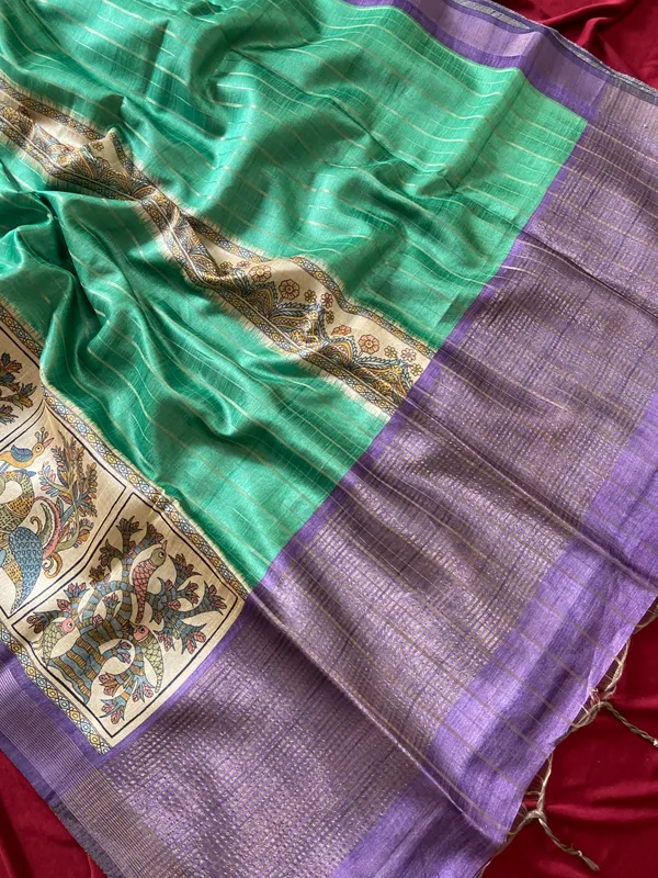 Soft_Semi_Tussar_Silk_sarees_with_Beautiful_Digital_Print_With_Attractive_Border_And_Contrast_Print_Blouse_With_Tassels