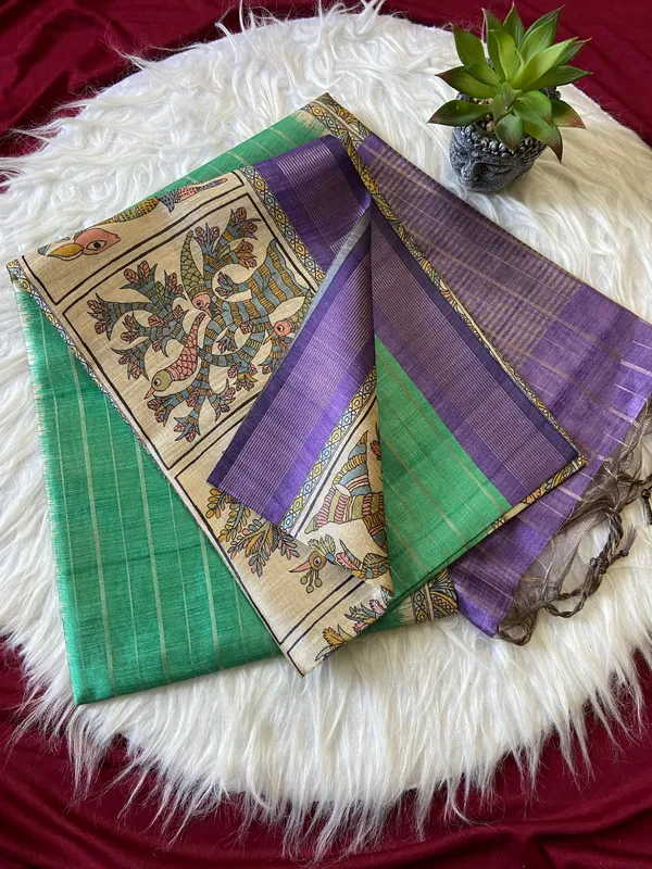 Soft_Semi_Tussar_Silk_sarees_with_Beautiful_Digital_Print_With_Attractive_Border_And_Contrast_Print_Blouse_With_Tassels