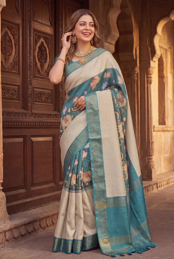Soft_Tussar_Silk_sarees_with_Beautiful_Digital_Print_With_Attractive_Checks_Design_Saree_And_Digital_Print_Blouse_With_Tassels