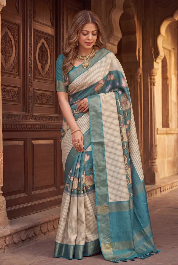 Soft_Tussar_Silk_sarees_with_Beautiful_Digital_Print_With_Attractive_Checks_Design_Saree_And_Digital_Print_Blouse_With_Tassels