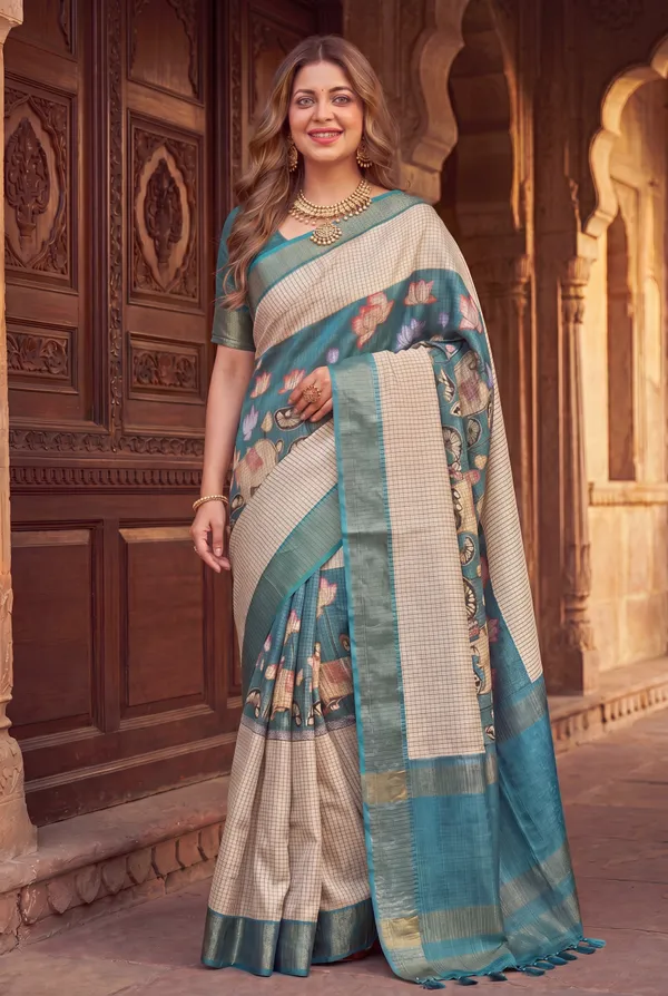 Soft_Tussar_Silk_sarees_with_Beautiful_Digital_Print_With_Attractive_Checks_Design_Saree_And_Digital_Print_Blouse_With_Tassels