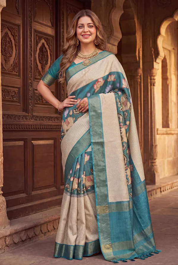 Soft_Tussar_Silk_sarees_with_Beautiful_Digital_Print_With_Attractive_Checks_Design_Saree_And_Digital_Print_Blouse_With_Tassels