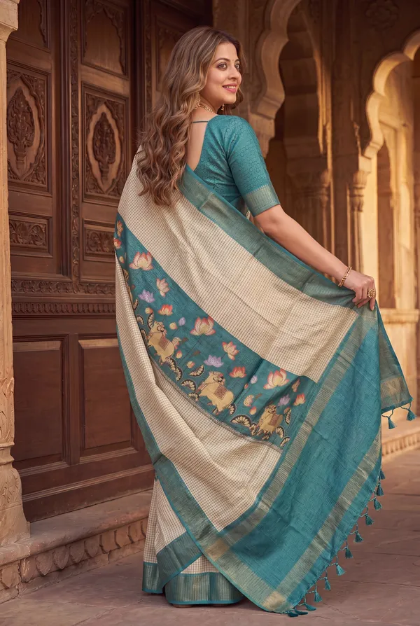 Soft_Tussar_Silk_sarees_with_Beautiful_Digital_Print_With_Attractive_Checks_Design_Saree_And_Digital_Print_Blouse_With_Tassels
