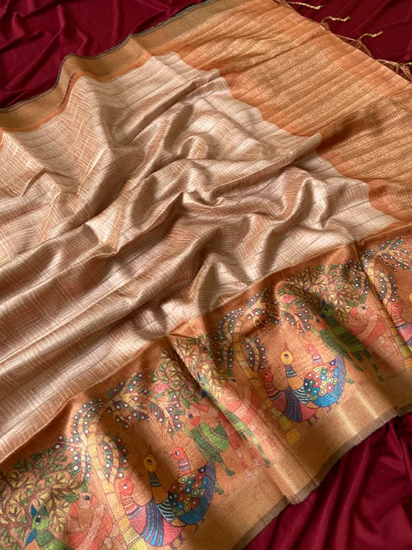 Soft_Semi_Tussar_Silk_sarees_with_Beautiful_Digital_Print_With_Attractive_Border_And_Contrast_Print_Blouse_With_Tassels