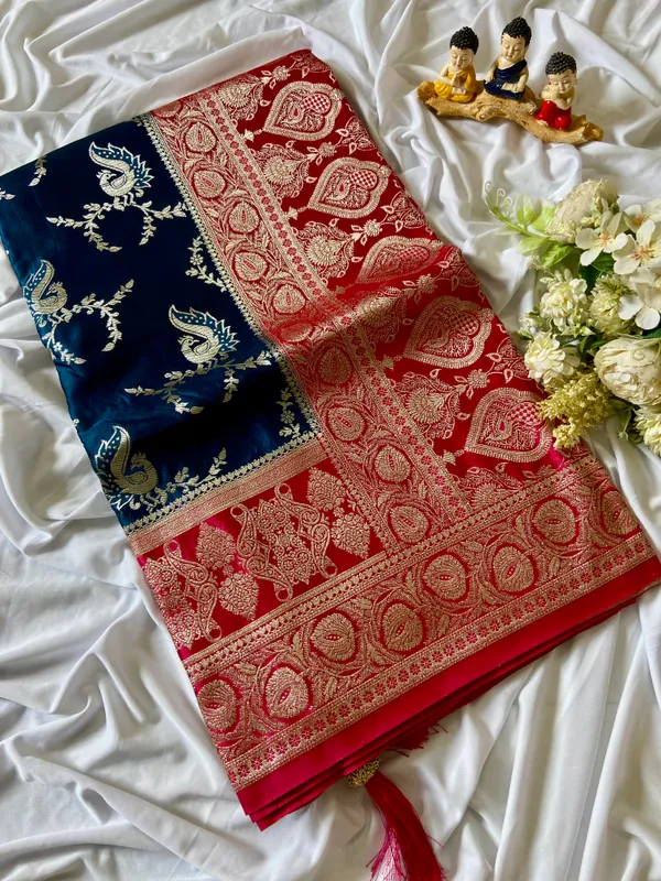 Banarasi_Pure_Satin_Silk_sarees_with_Beautiful_Peacock_in_Contrast_Pink-Blue_Shades_With_Attractive_Weaving_Gold_Zari_Design_And_Contrast_Blouse_With_Tassels
