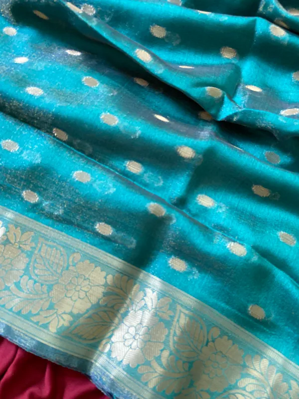 Premium_Soft_Khadi_Shimmer_sarees_with_Beautiful_Butti_Design_Weaving__Pallu_With_Attractive_Traditional_Zari_Weaving__Border_With_All_Over_Butti_Weaving__Design_And_Butti_Design_Weaving__Blouse_With_Fancy_Tassels
