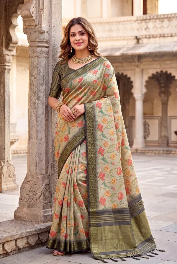 Soft_Tissue_Silk_sarees_with_Beautiful_Digital_Print_With_Attractive_Border_&_Rich_Pallu_With_Sequence_And_Contrast_Print_Blouse_With_Tassels