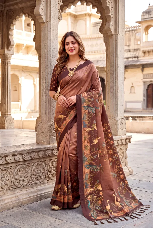 Soft_Tussar_Silk_sarees_with_Beautiful_Digital_Print_With_Attractive_Jungle_Theme_Design_And_Digital_Print_Blouse_With_Tassels