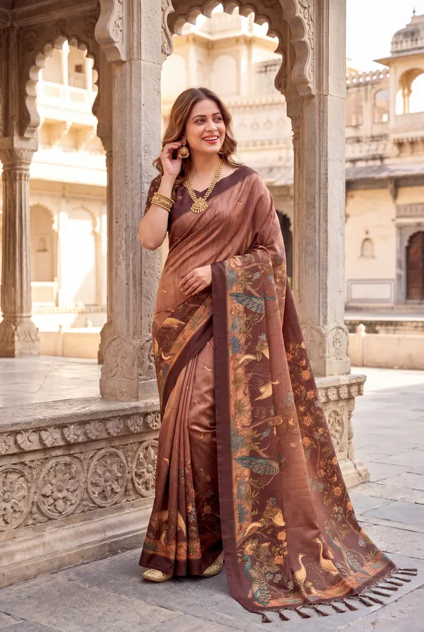 Soft_Tussar_Silk_sarees_with_Beautiful_Digital_Print_With_Attractive_Jungle_Theme_Design_And_Digital_Print_Blouse_With_Tassels