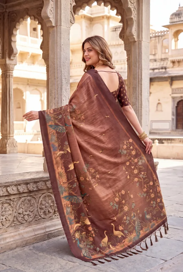 Soft_Tussar_Silk_sarees_with_Beautiful_Digital_Print_With_Attractive_Jungle_Theme_Design_And_Digital_Print_Blouse_With_Tassels
