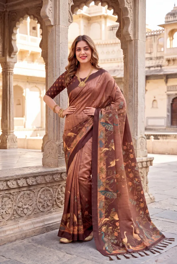 Soft_Tussar_Silk_sarees_with_Beautiful_Digital_Print_With_Attractive_Jungle_Theme_Design_And_Digital_Print_Blouse_With_Tassels