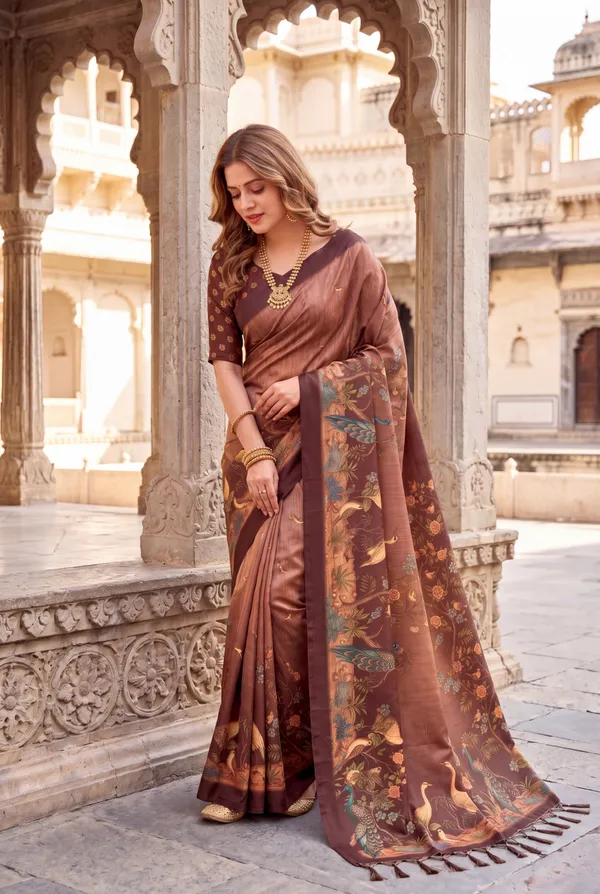 Soft_Tussar_Silk_sarees_with_Beautiful_Digital_Print_With_Attractive_Jungle_Theme_Design_And_Digital_Print_Blouse_With_Tassels