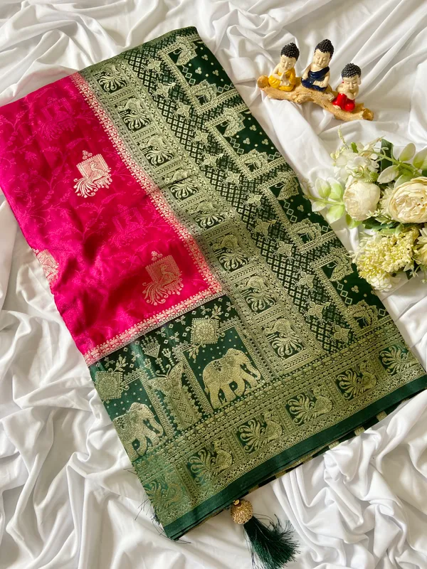 Banarasi_Pure_Satin_Silk_sarees_with_Beautiful_Elephant_in_Contrast_Green-Pink_Shades_With_Attractive_Weaving_Gold_Zari_Design_And_Contrast_Blouse_With_Tassels