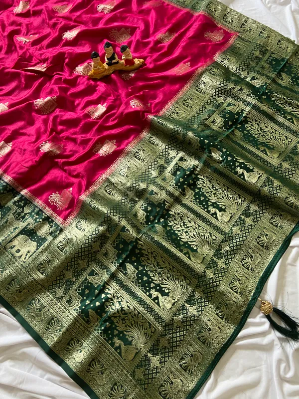 Banarasi_Pure_Satin_Silk_sarees_with_Beautiful_Elephant_in_Contrast_Green-Pink_Shades_With_Attractive_Weaving_Gold_Zari_Design_And_Contrast_Blouse_With_Tassels