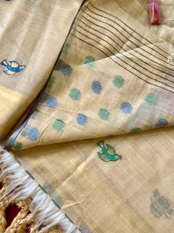 Premium_Soft_Muga_Cotton_sarees_with_Beautiful_Colourfull_Resham_Weaving_Pallu_With_Attractive_Traditional_Zari_Weaving_Border_With_All_Over_Resham_Weaving_Birds_Design_And_Resham_Weaving_Butti_Blouse_With_Fancy_Tassels