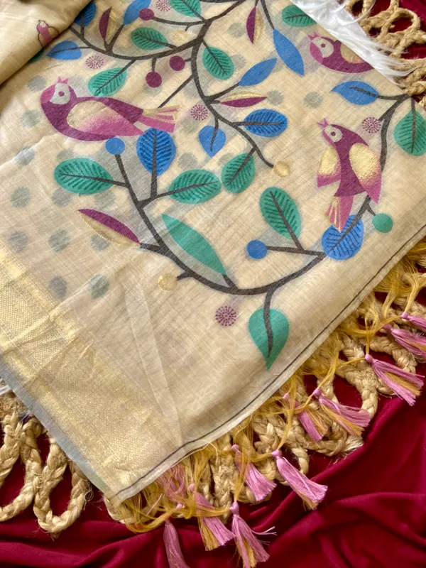 Premium_Soft_Muga_Cotton_sarees_with_Beautiful_Colourfull_Resham_Weaving_Pallu_With_Attractive_Traditional_Zari_Weaving_Border_With_All_Over_Resham_Weaving_Birds_Design_And_Resham_Weaving_Butti_Blouse_With_Fancy_Tassels