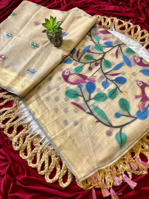 Premium_Soft_Muga_Cotton_sarees_with_Beautiful_Colourfull_Resham_Weaving_Pallu_With_Attractive_Traditional_Zari_Weaving_Border_With_All_Over_Resham_Weaving_Birds_Design_And_Resham_Weaving_Butti_Blouse_With_Fancy_Tassels
